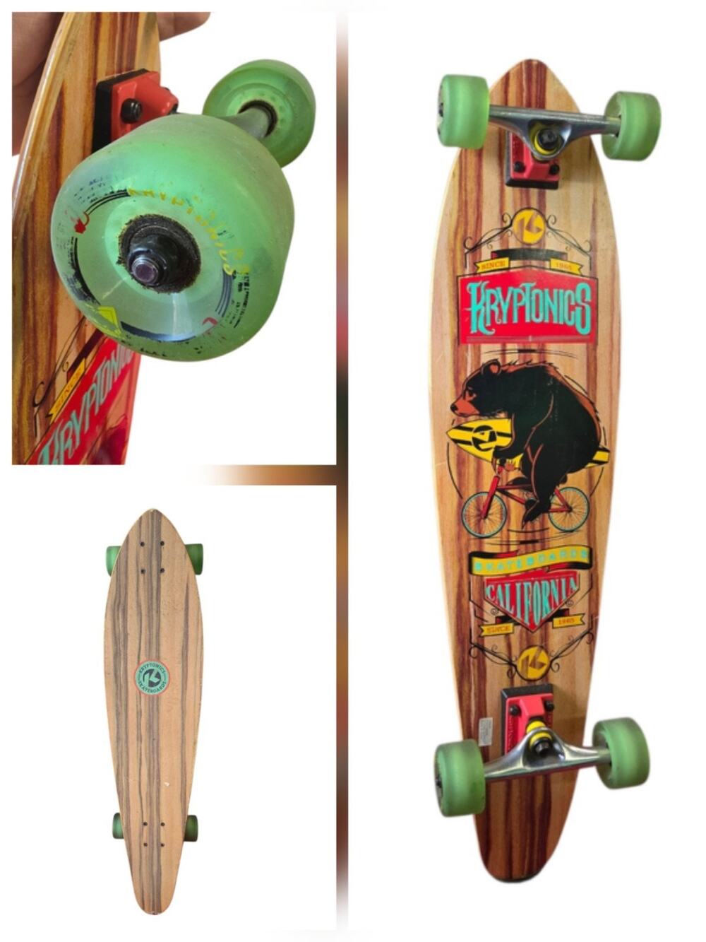 VTG Kryptonics California Cruiser Longboard Skateboard 35" Lime Green Wheels